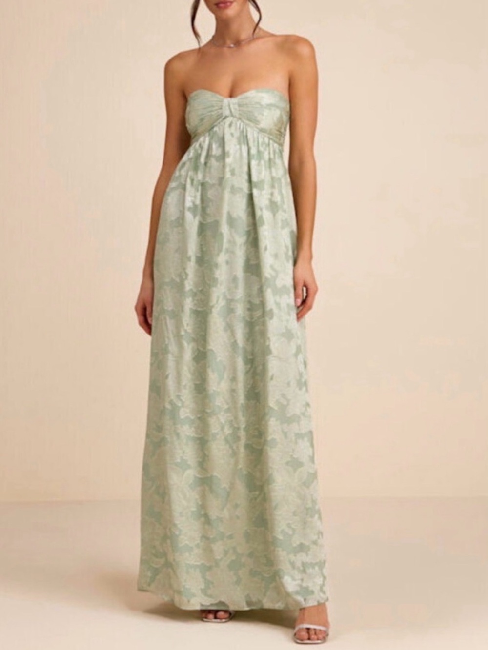Lulu's Sage Strapless Maxi Dress with Subtle Floral Jacquard